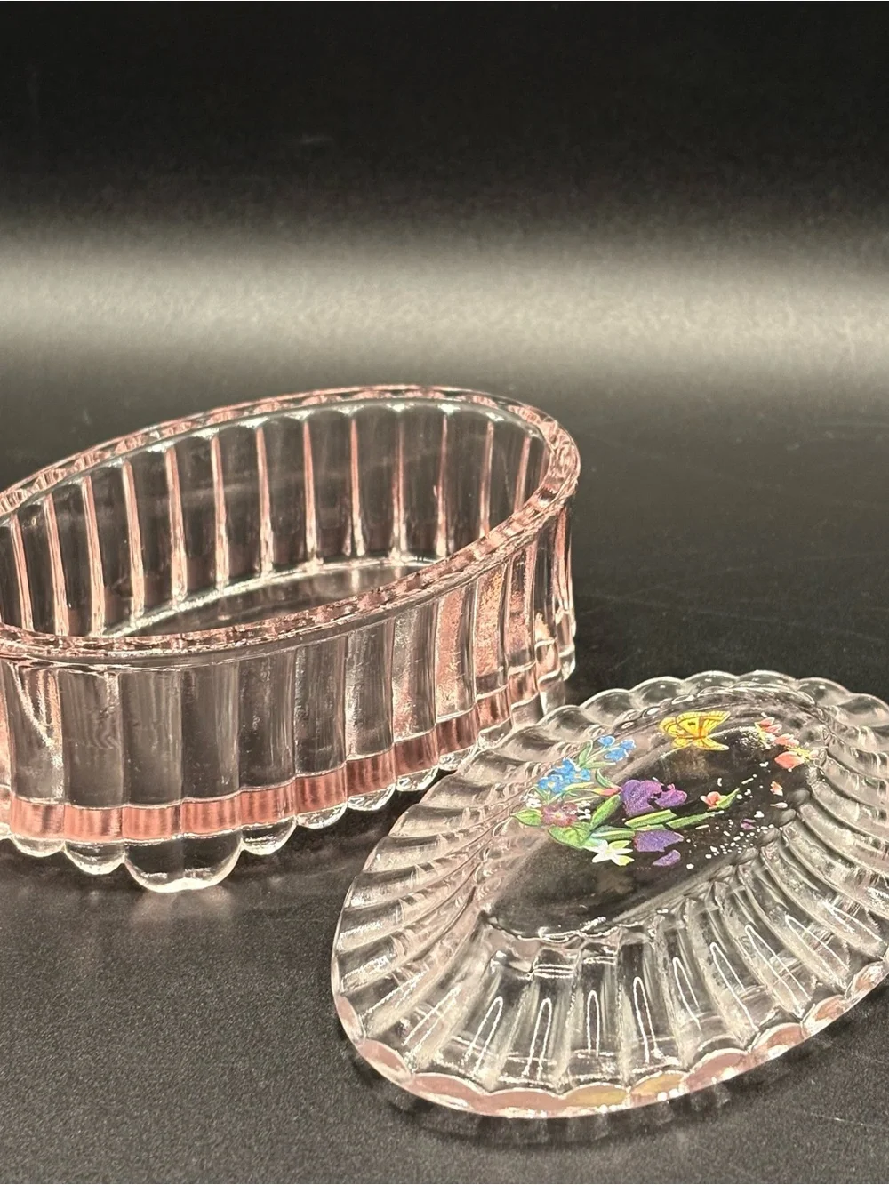 1988 Fenton Pink Glass Floral Butterfly Trinket Box